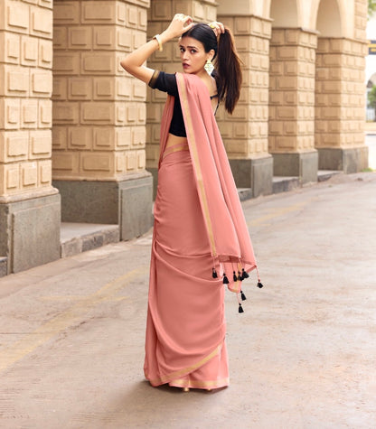 Peach Mul Cotton Ready To Wear/Easy Saree