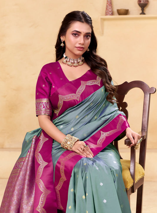 Teal Blue Kanjivaram Silk Readymade/Easy Saree