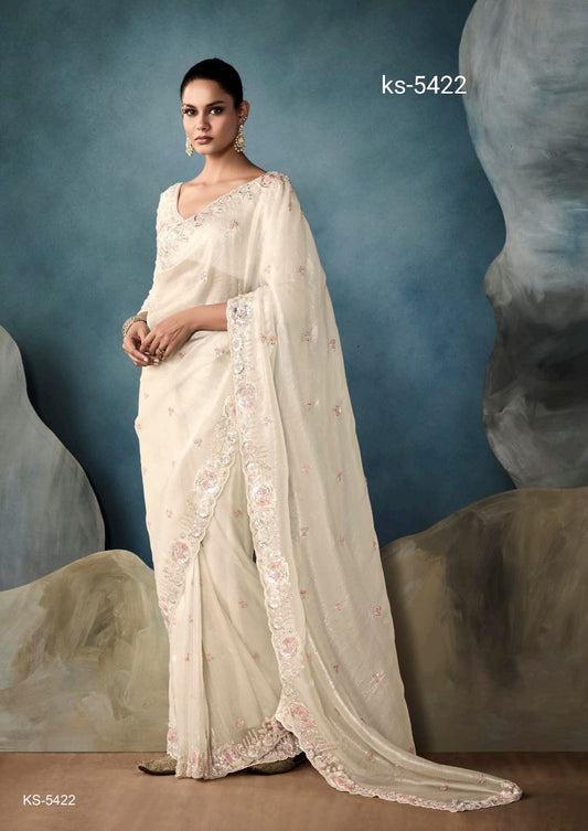 Off-White Organza Readymade/Easy Saree With Fancy Blouse Piece