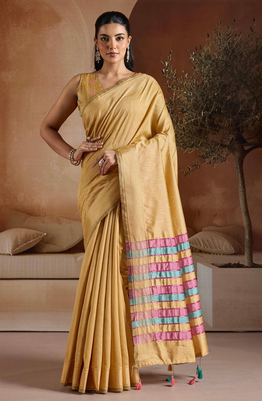 Light Yellow Color Raw Silk Readymade/Easy Saree
