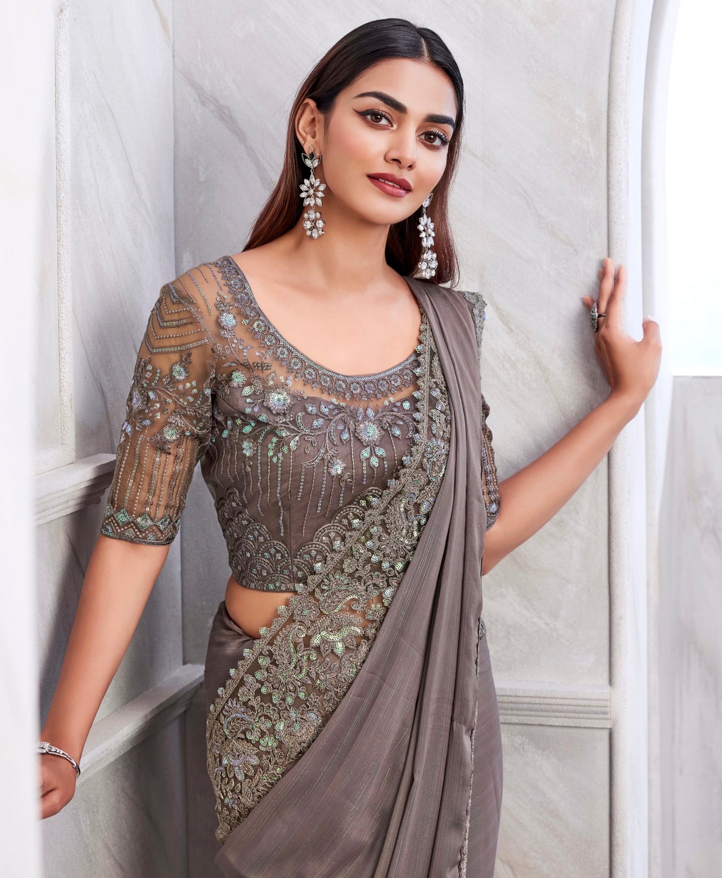 Grey Color Cocktail Readymade Saree