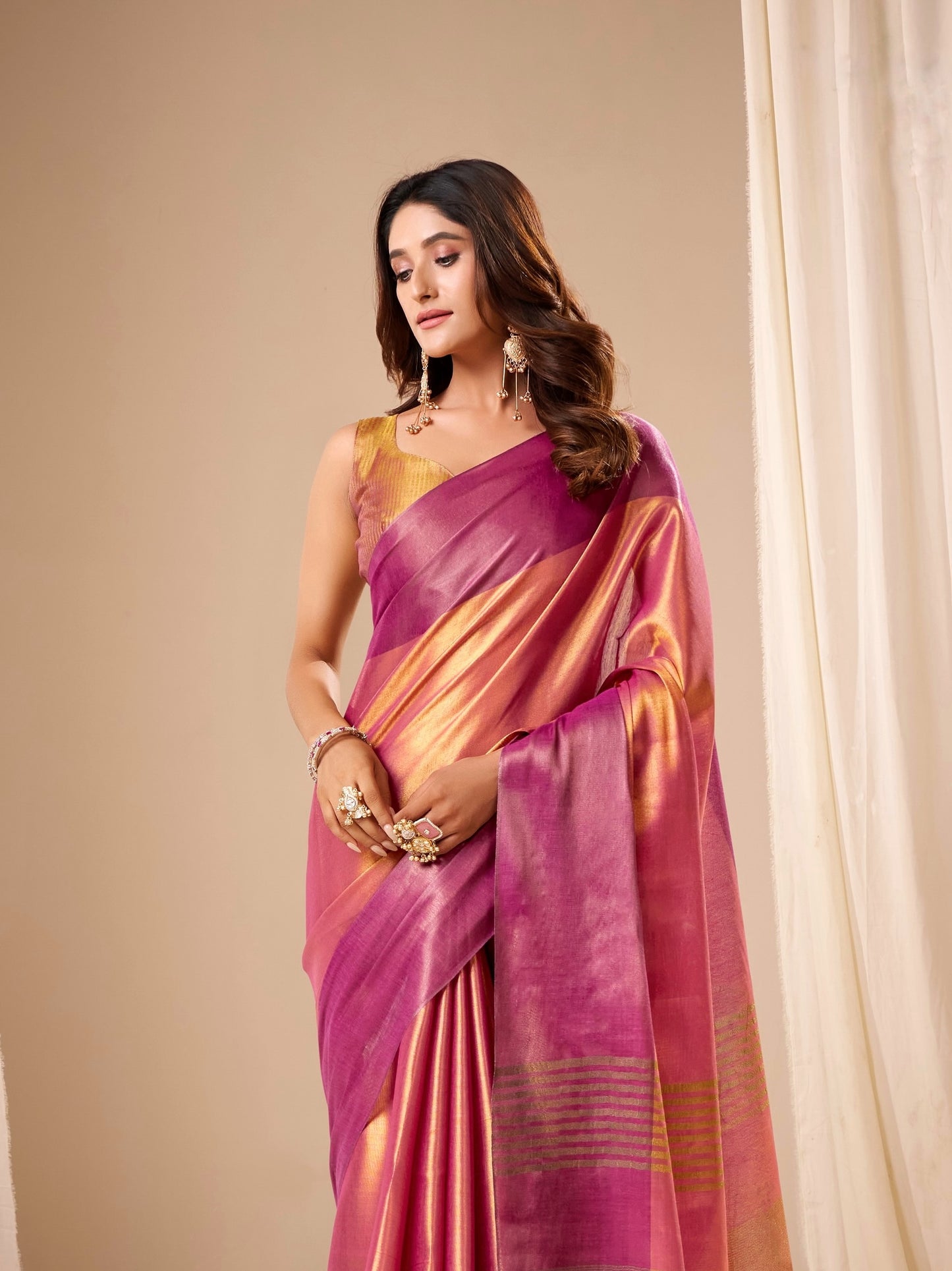 Royal magenta Plain Tissue Silk Readymade/Easy Saree