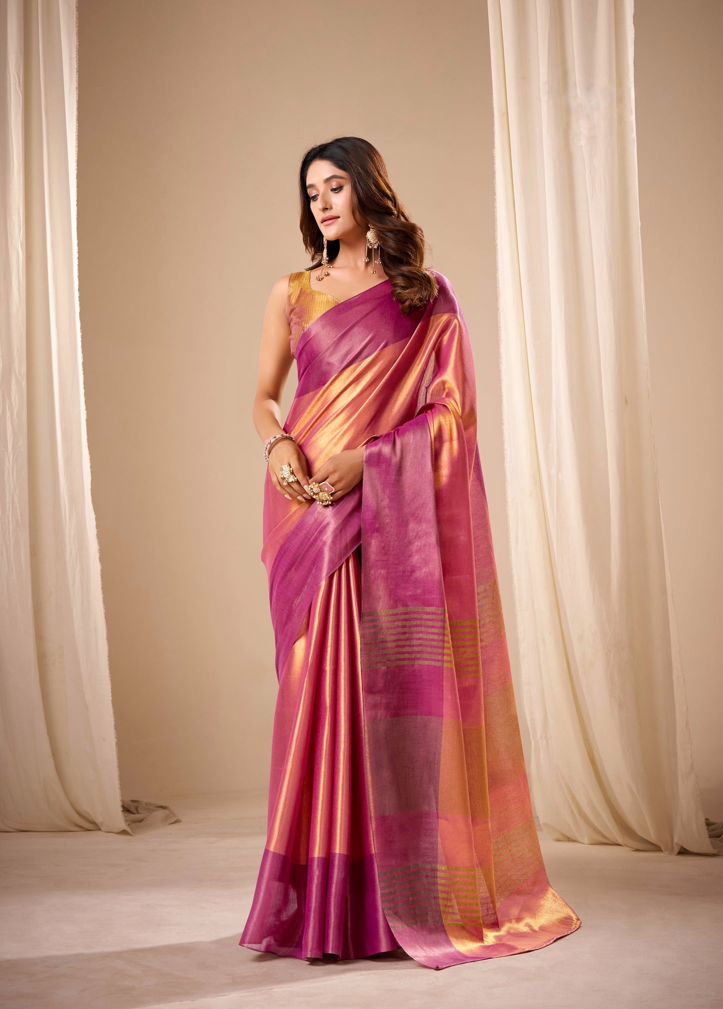 Royal magenta Plain Tissue Silk Readymade/Easy Saree