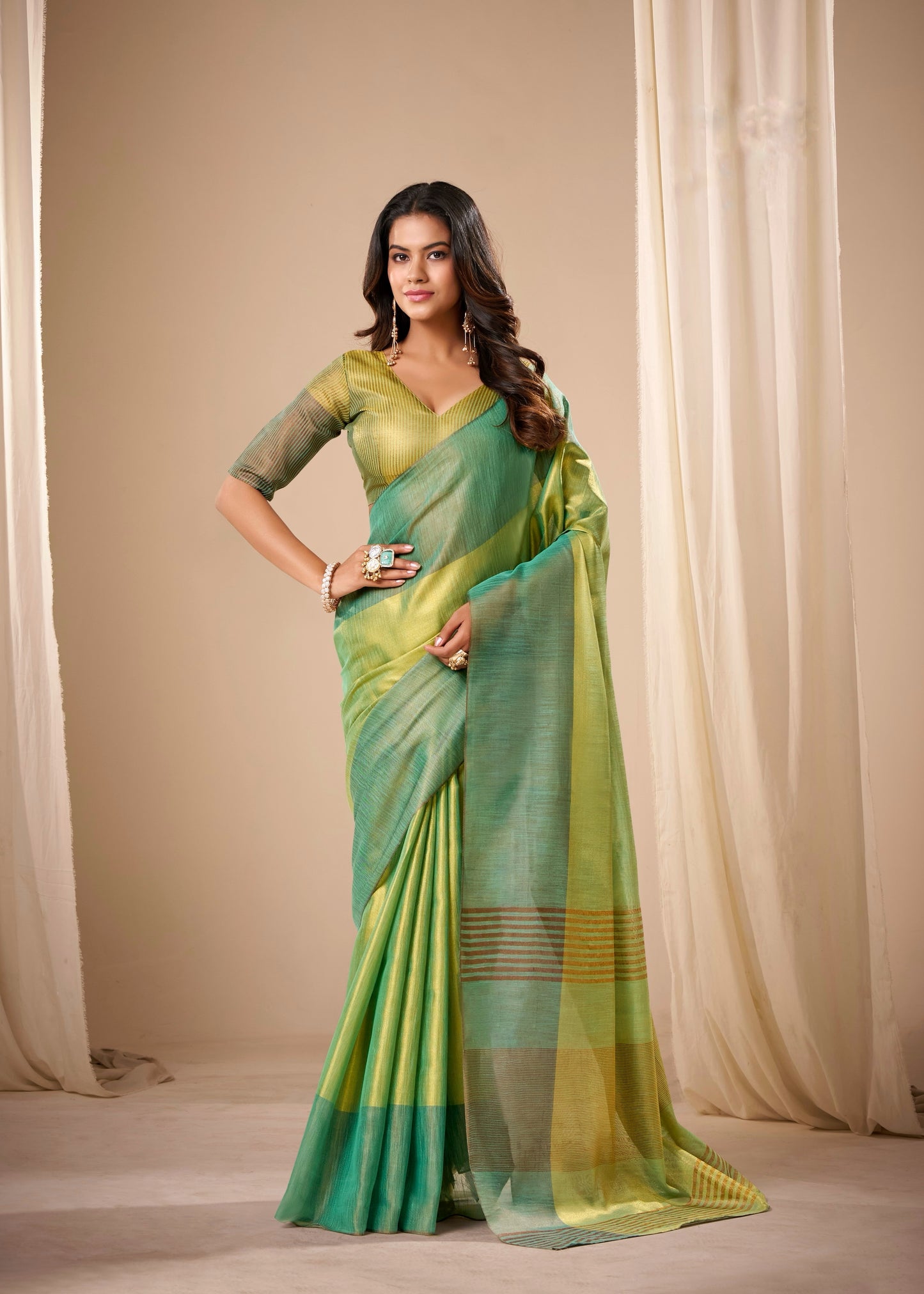 Emerald green Plain Tissue Silk Readymade/Easy Saree