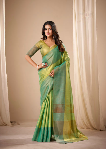 Emerald green Plain Tissue Silk Readymade/Easy Saree