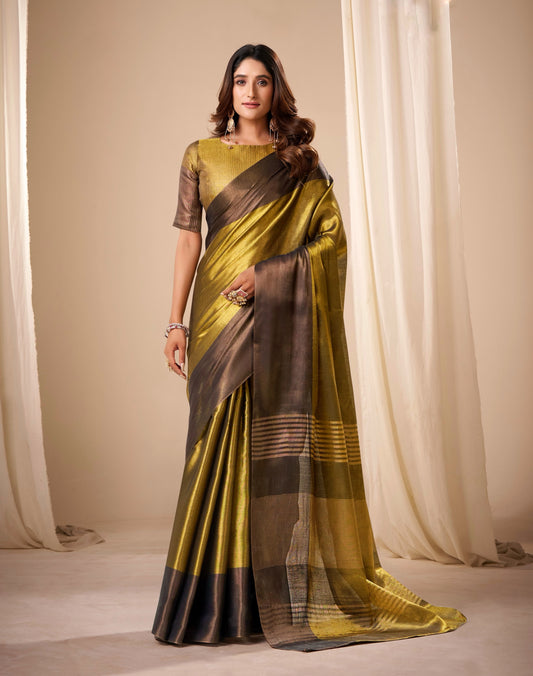 Olive gold Plain Tissue Silk Readymade/Easy Saree