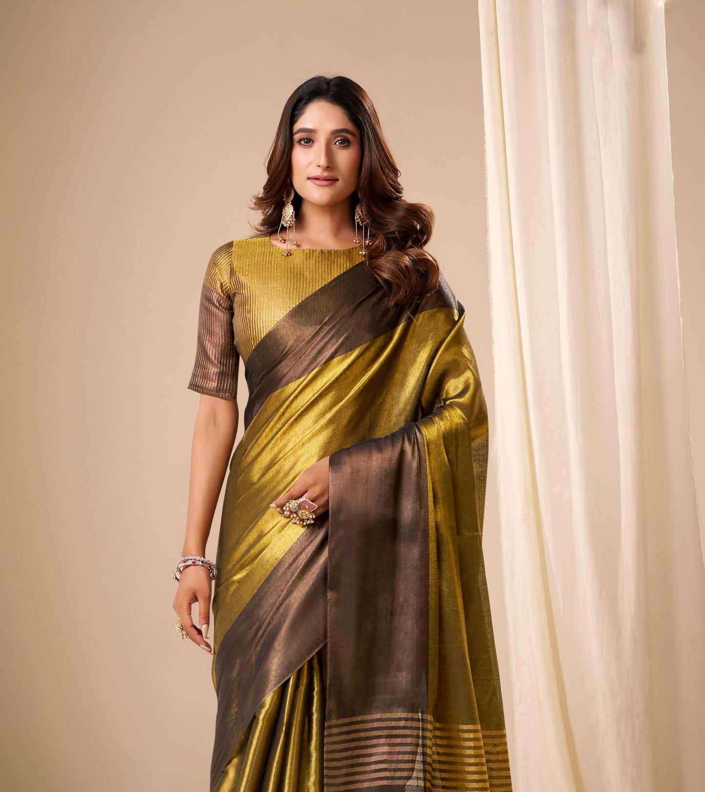 Olive gold Plain Tissue Silk Readymade/Easy Saree