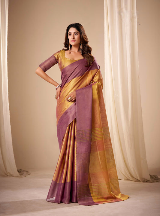 Dual tone Golden wine Plain Tissue Silk Readymade/Easy Saree