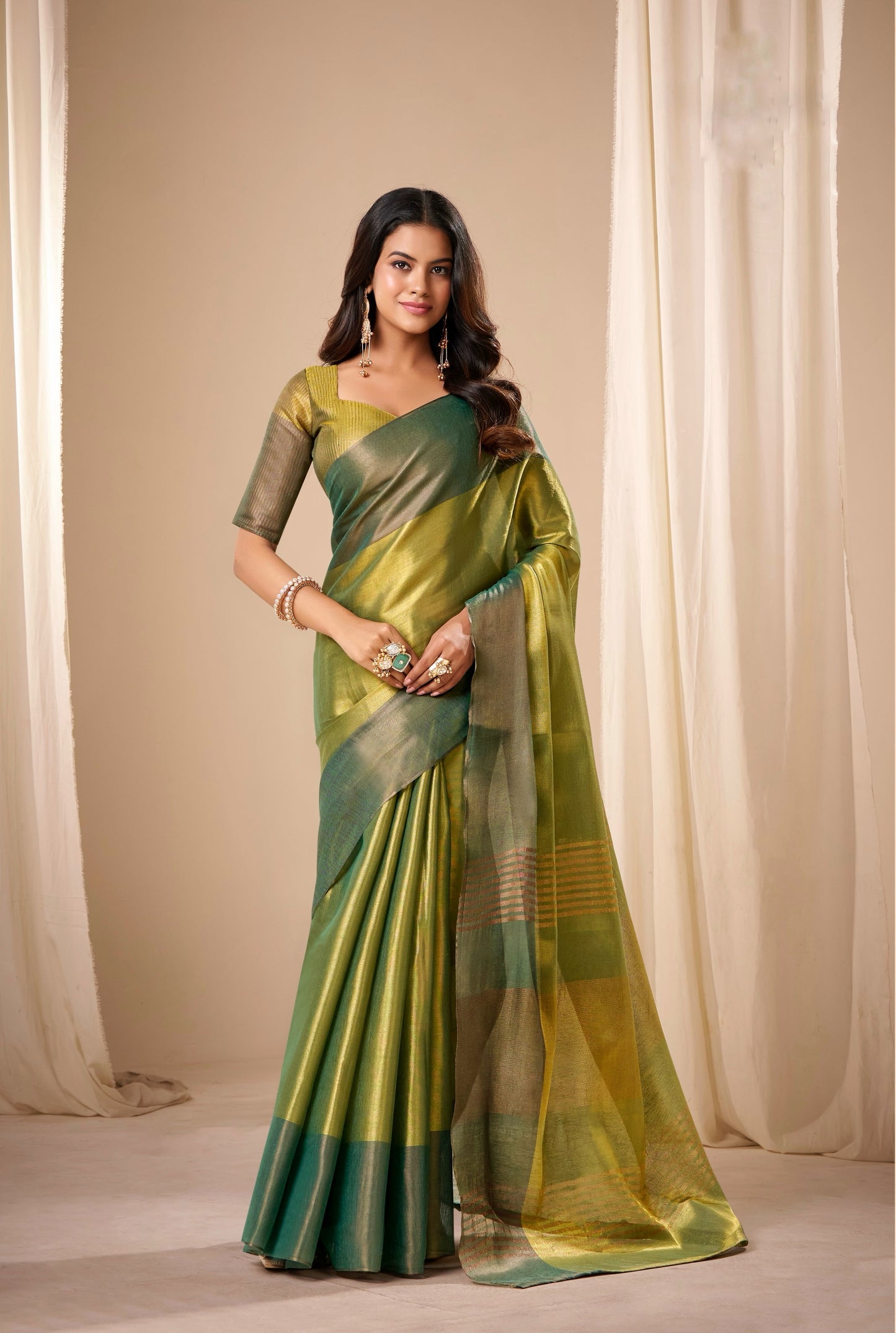 Dual tone Green Plain Tissue Silk Readymade/Easy Saree