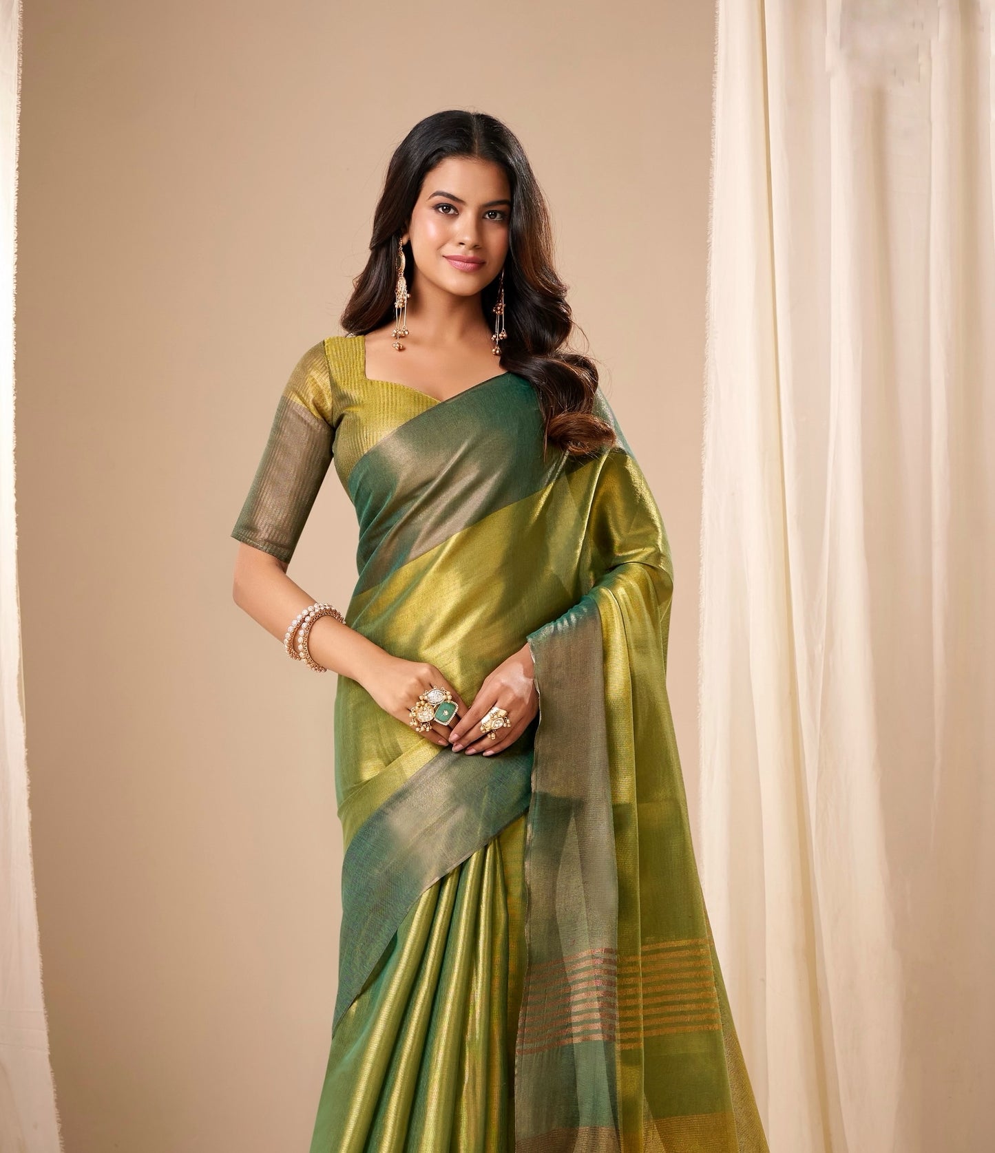 Dual tone Green Plain Tissue Silk Readymade/Easy Saree