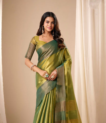 Dual tone Green Plain Tissue Silk Readymade/Easy Saree