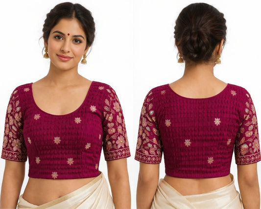 Wine Pink Stretchable Embroidered Blouse - Panaash Saree