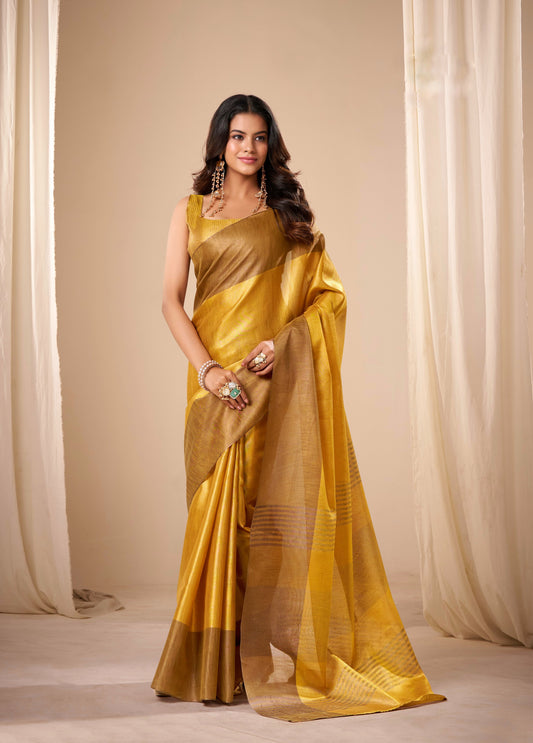 Mustard Yellow Plain Tissue Silk Readymade/Easy Saree