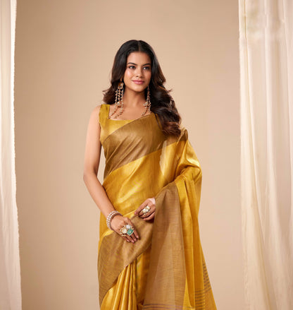Mustard Yellow Plain Tissue Silk Readymade/Easy Saree