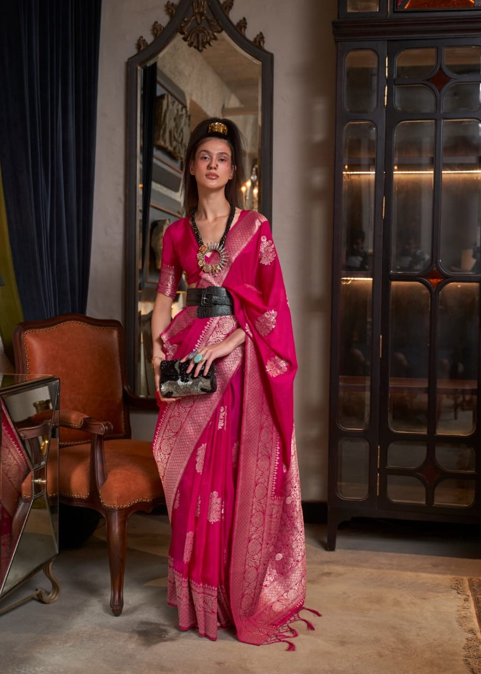 Magenta Pink Khadi Georgette Readymade/Easy Saree