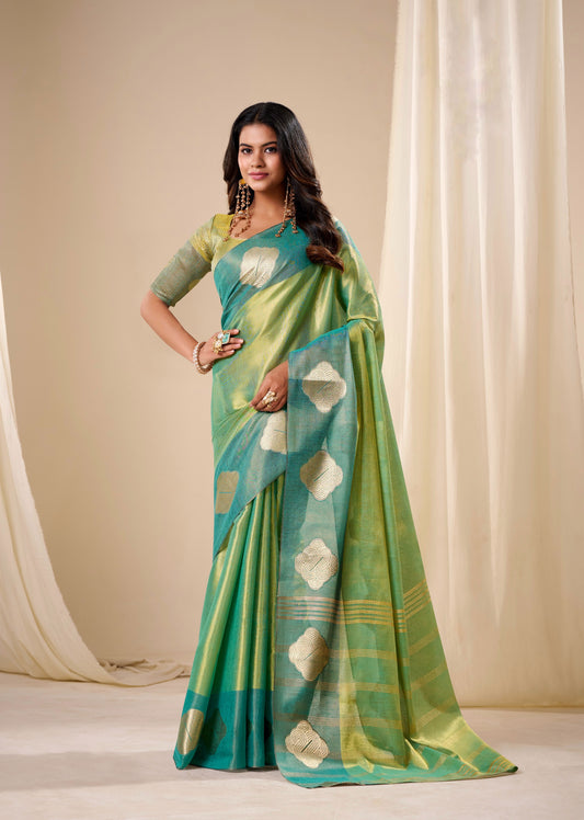 Dual-tone green Tissue Silk Readymade/Easy Saree