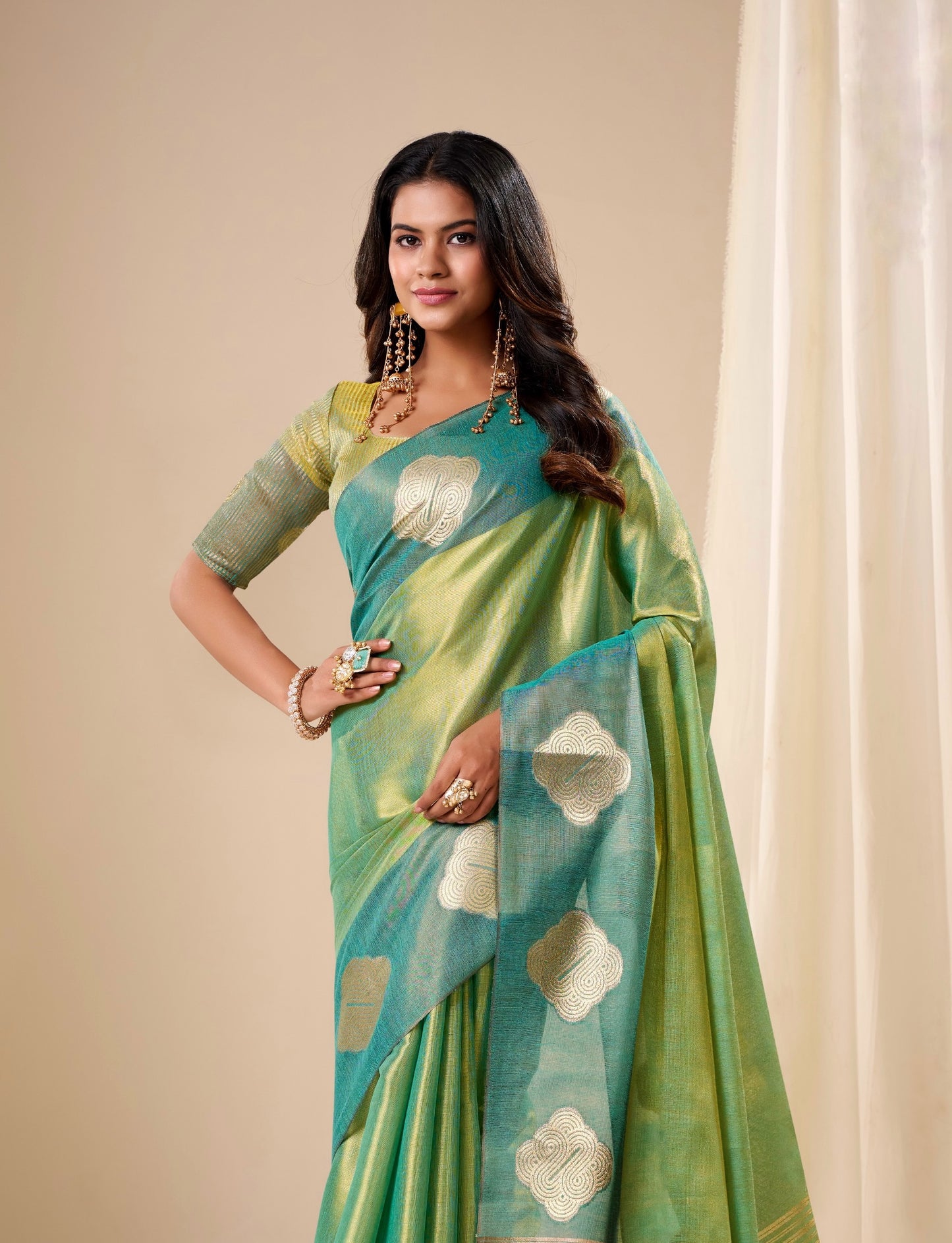 Dual-tone green Tissue Silk Readymade/Easy Saree