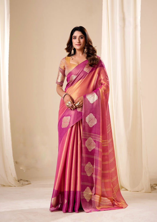Dual-tone pink Tissue Silk Readymade/Easy Saree