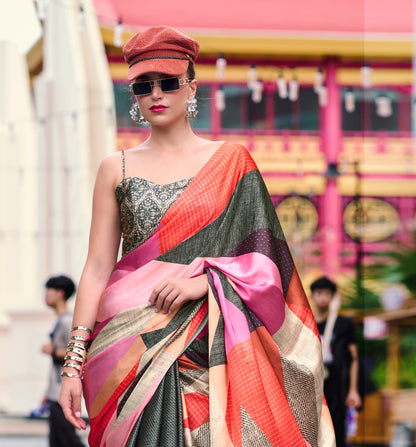 Grey Multicolor Crepe Silk Ready To Wear/Easy Saree