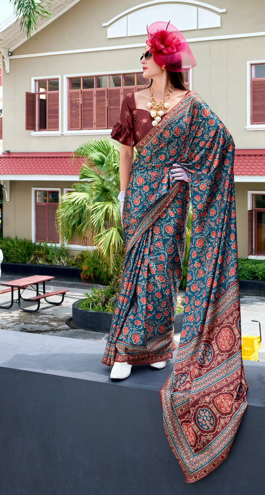 Office Wear Ajrakh Print Crepe Easy/Readymade Saree