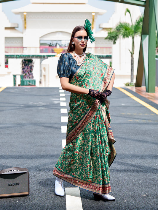 Office Wear Green Ajrakh Print Crepe Easy/Readymade Saree