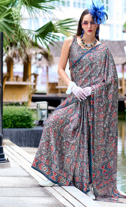 Office Wear Ajrakh Print Crepe Easy/Readymade Saree