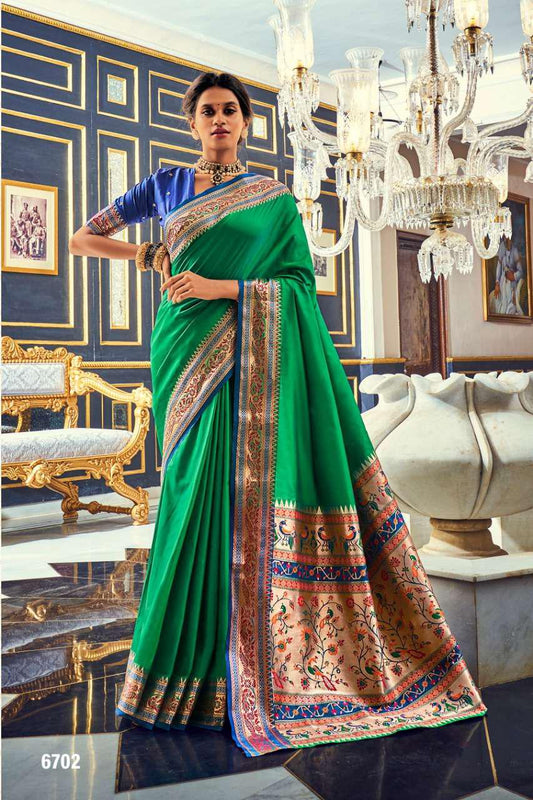 Plain Green Silk Readymade/Easy Saree With Paithani Border