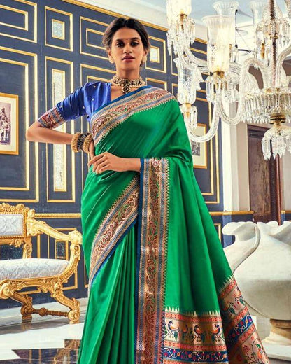 Plain Green Silk Readymade/Easy Saree With Paithani Border