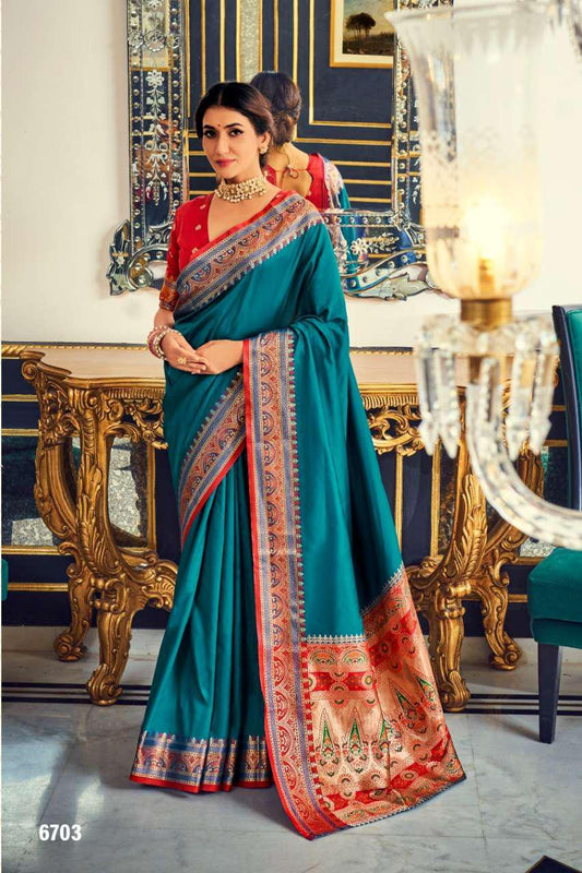 Plain Blue Silk Readymade/Easy Saree With Paithani Border