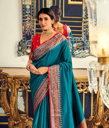 Plain Blue Silk Readymade/Easy Saree With Paithani Border