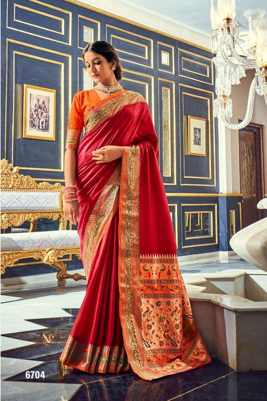 Plain Red Silk Readymade/Easy Saree With Paithani Border