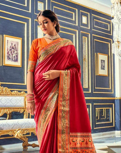 Plain Red Silk Readymade/Easy Saree With Paithani Border