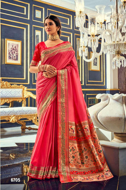 Plain Pink Silk Readymade/Easy Saree With Paithani Border