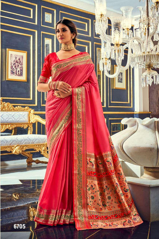 Plain Pink Silk Readymade/Easy Saree With Paithani Border