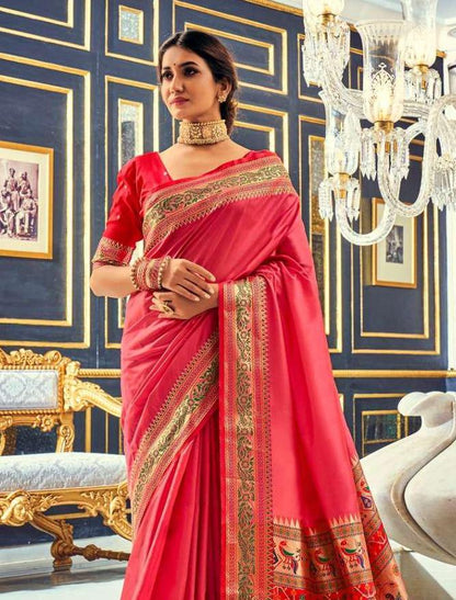 Plain Pink Silk Readymade/Easy Saree With Paithani Border
