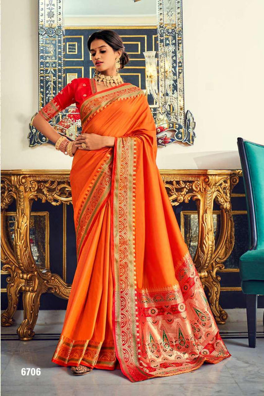 Plain Orange Silk Readymade/Easy Saree With Paithani Border
