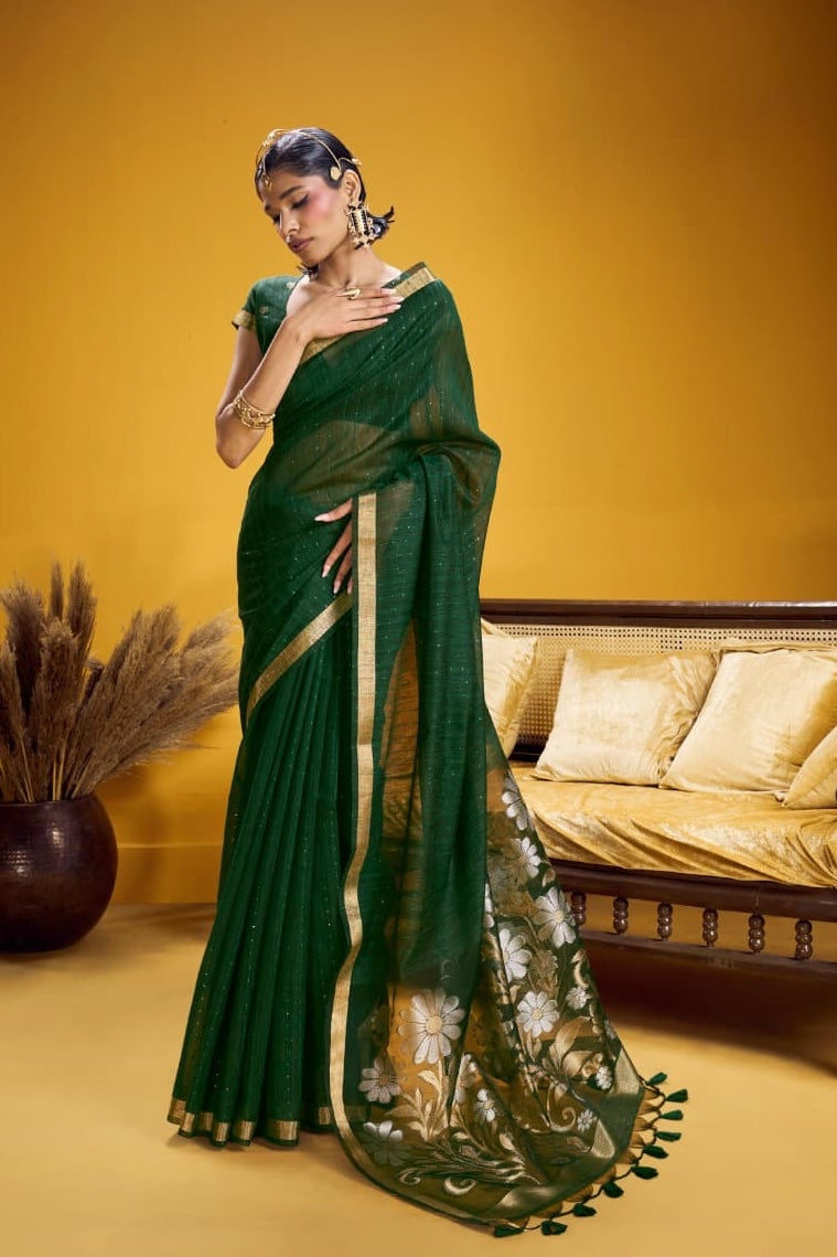 Green Munga Silk Readymade/Easy Saree - Panaash Saree