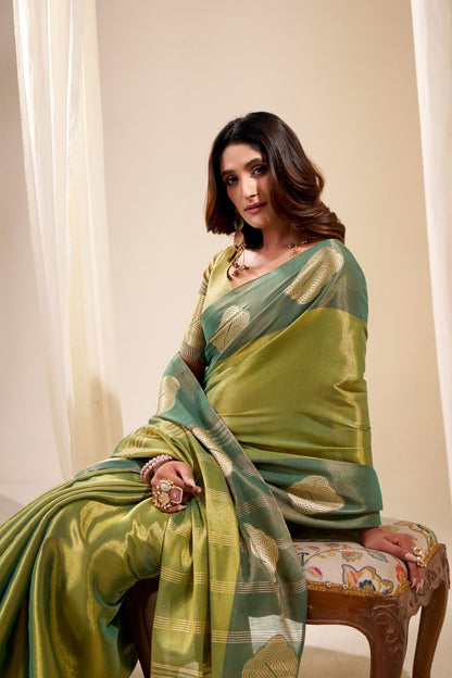 Olive green Tissue Silk Readymade/Easy Saree