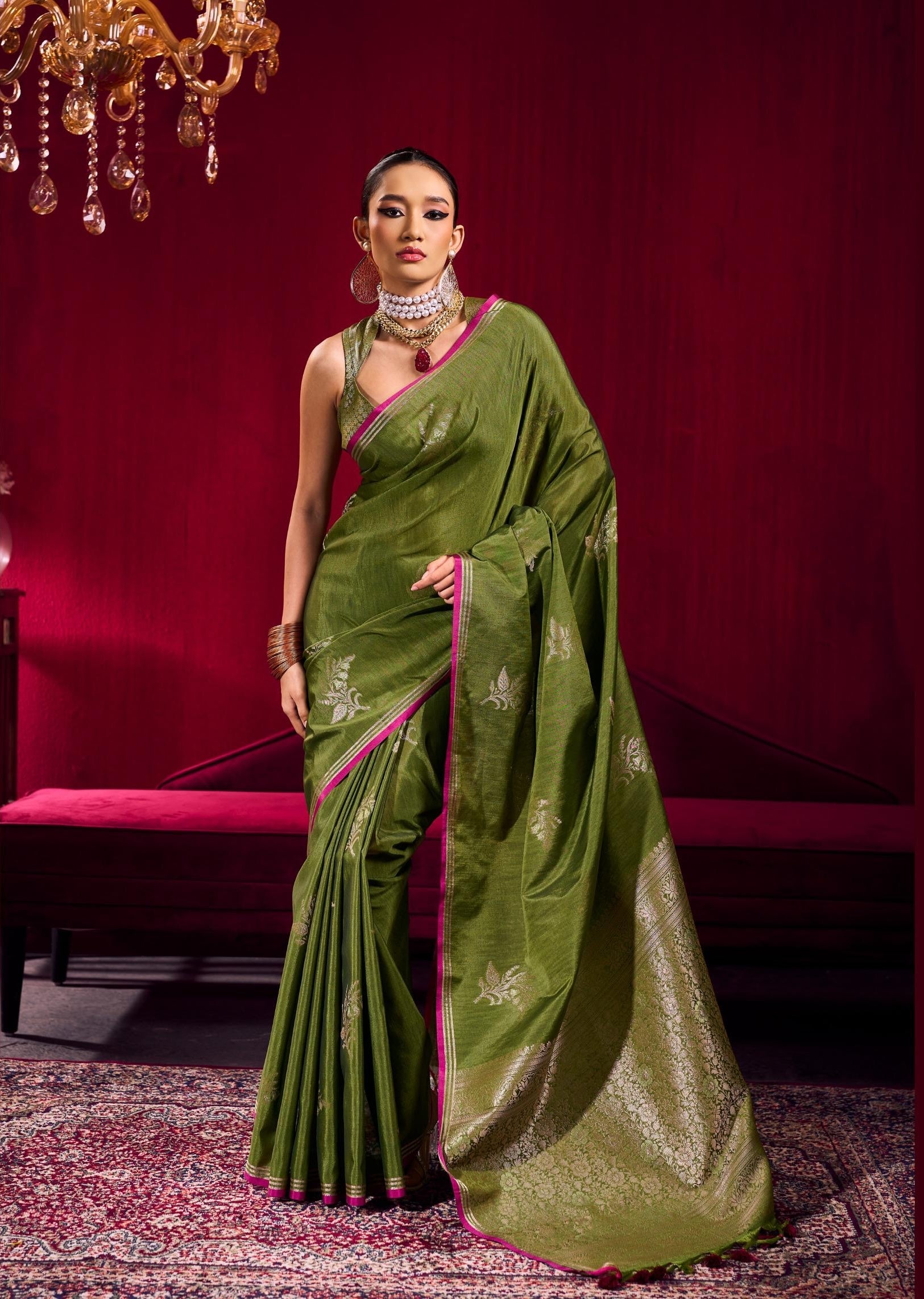 Leaf Green Linen Silk Ready To Wear/Easy Saree - Panaash Saree