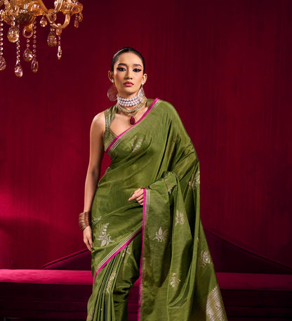 Leaf Green Linen Silk Ready To Wear/Easy Saree - Panaash Saree