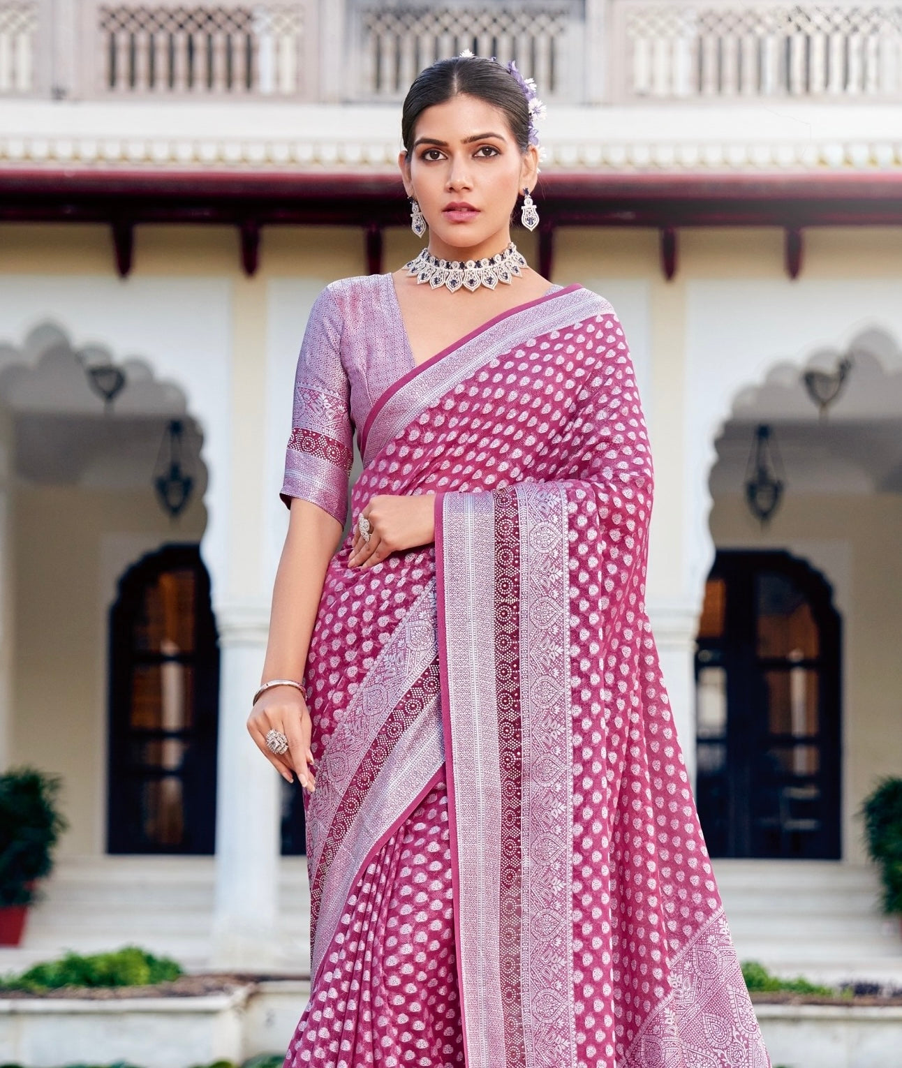 Purple Georgette With Stonework Readymade/Easy Saree