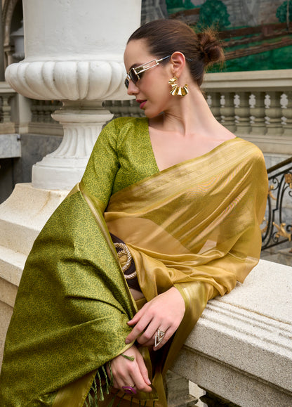 Olive Tissue Silk Readymade/Easy Fancy Saree