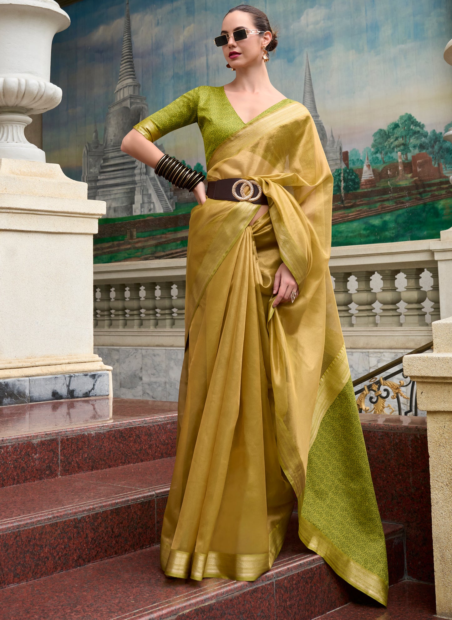 Olive Tissue Silk Readymade/Easy Fancy Saree