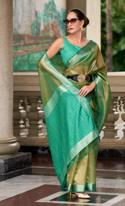 Green Tissue Silk Readymade/Easy Fancy Saree