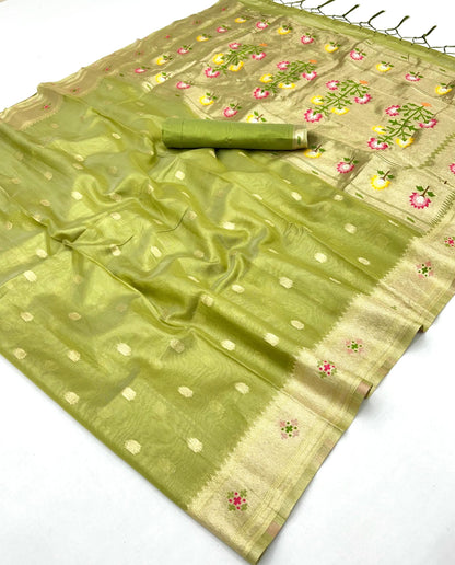 Light Green Paithani Tissue Readymade/Easy Saree