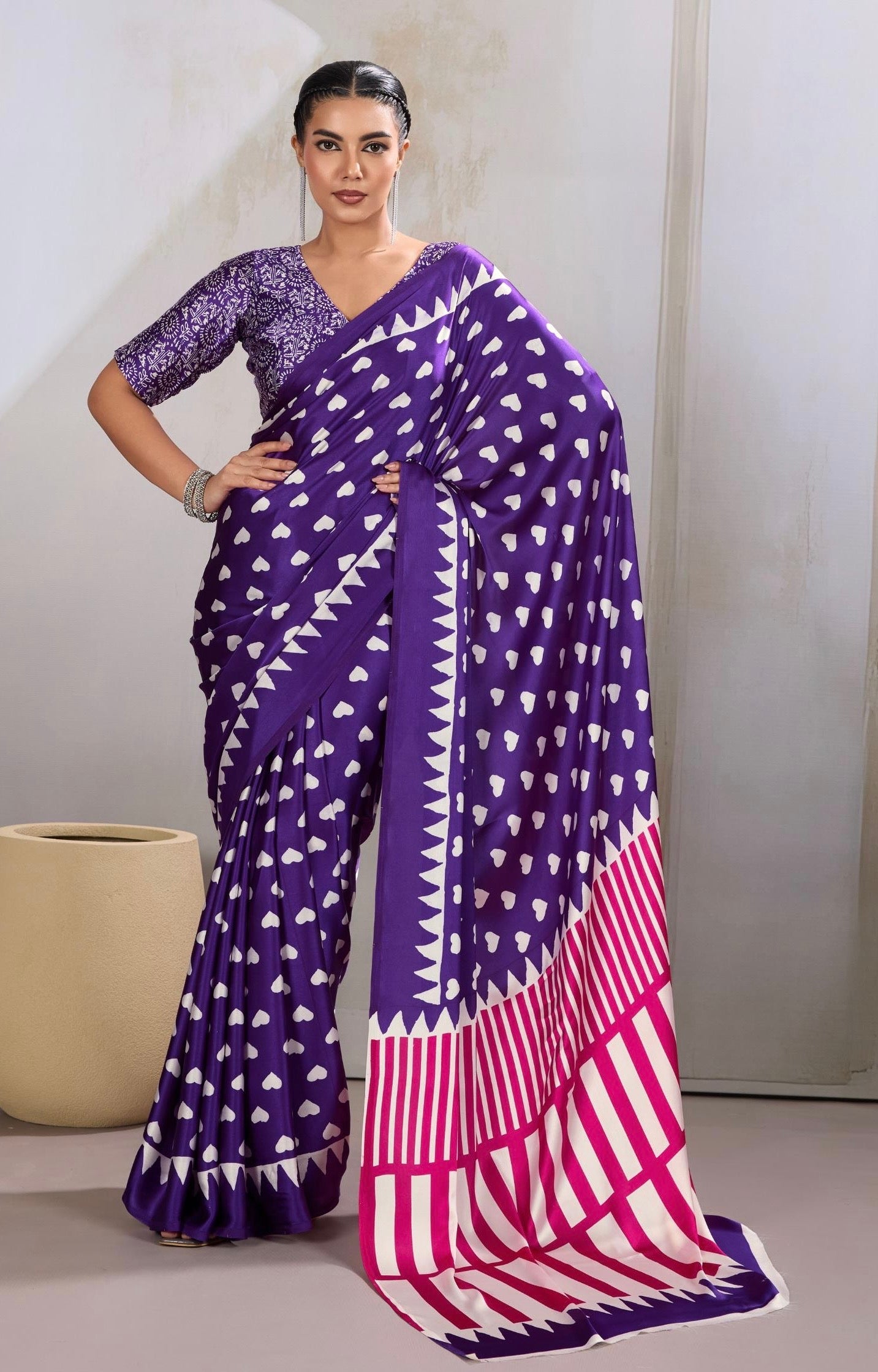 Purple Heart Dot Readymade Crepe Silk Saree