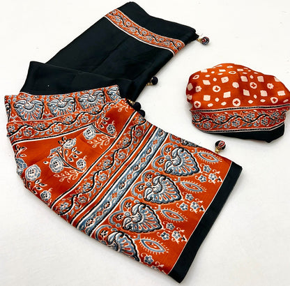 Black & Orange Crepe Silk Readymade/Easy Saree