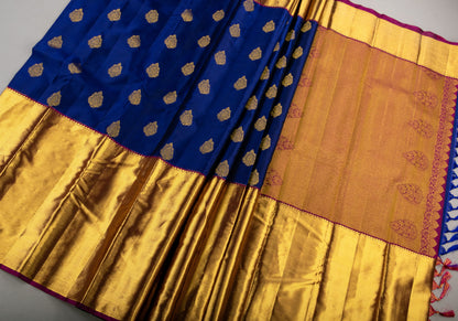 Dark Blue Handmade Kanchipuram Pure Silk Custom Sized Ready To Wear Saree