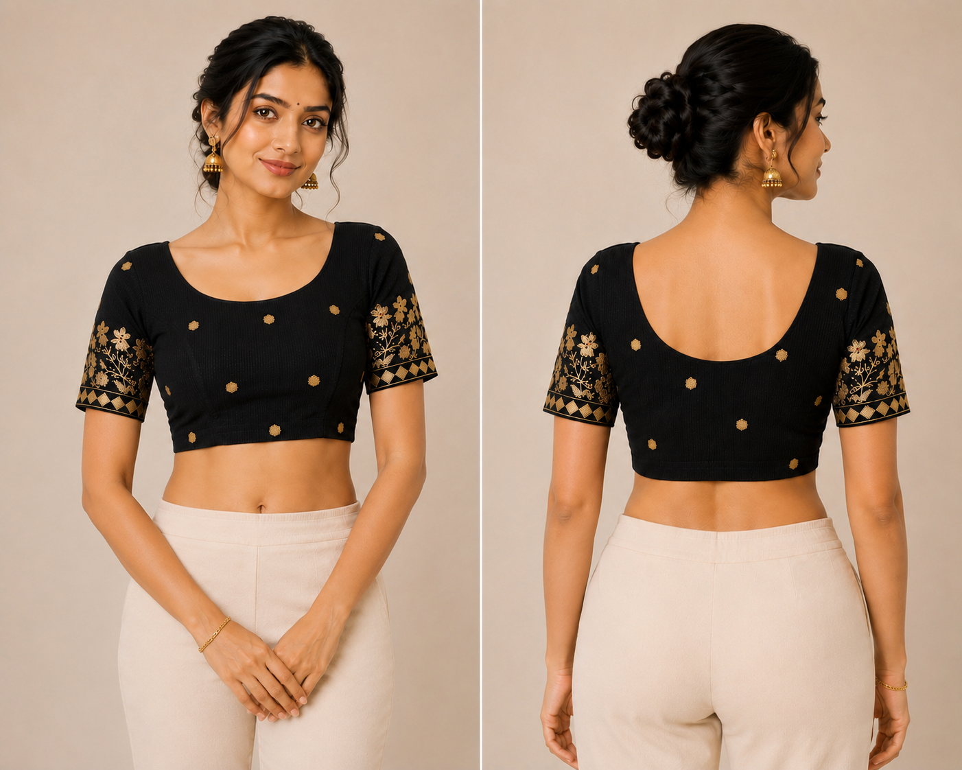 Black floral butti short-sleeve blouse with open back and gold button accents