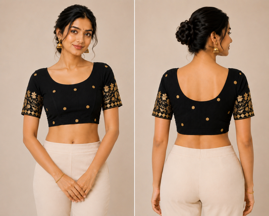 Black floral butti short-sleeve blouse with open back and gold button accents